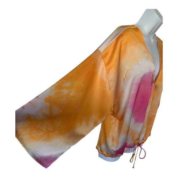 Ramona LaRue Multicolor Satin Blouse Kimono Sleeve Drawstring Excellent Size M/L - Picture 3 of 9